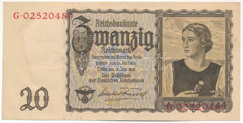 Német Harmadik Birodalom 1939. 20M 'N 00855116' T:III fo. German Third Reich 1939. 20 Mark 'N 00855116' C:F spotted Krause P#5A