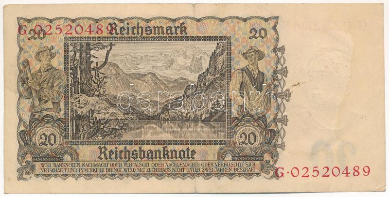 Német Harmadik Birodalom 1939. 20M 'N 00855116' T:III fo. German Third Reich 1939. 20 Mark 'N 00855116' C:F spotted Krause P#5A - Image 2