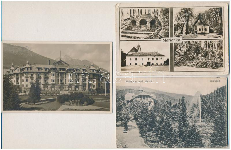 6 db RÉGI felvidéki város képeslap vegyes minőségben: Pozsony, Tátra, Léva, Iglófüred, Máriavölgy / 6 pre-1945 Upper Hungarian town-view postcards in mixed quality: Bratislava, Levice, Tatry, Marianka, Spisská Nová Ves Kupele