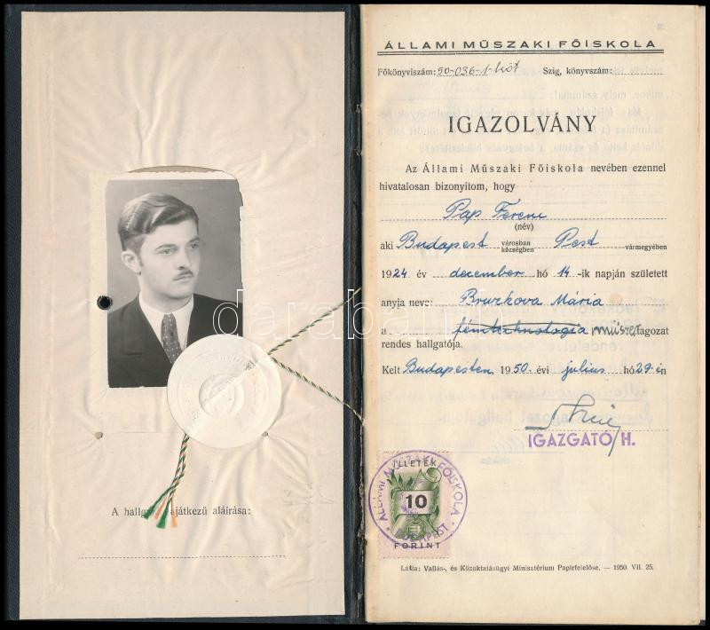 1950 Bp., Állami Műszaki Főiskola villamosmérnöki kar leckekönyv