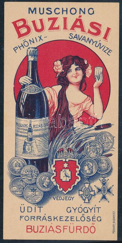 cca 1910-1920 Muschong Buziási Phönix-Savanyúvize Buziásfürdő, szecessziós számolócédula, Bp., Posner-ny.