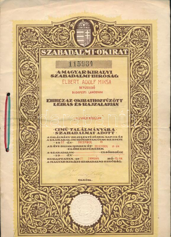 1935 Hajvágó készülék szabadalmi okirat