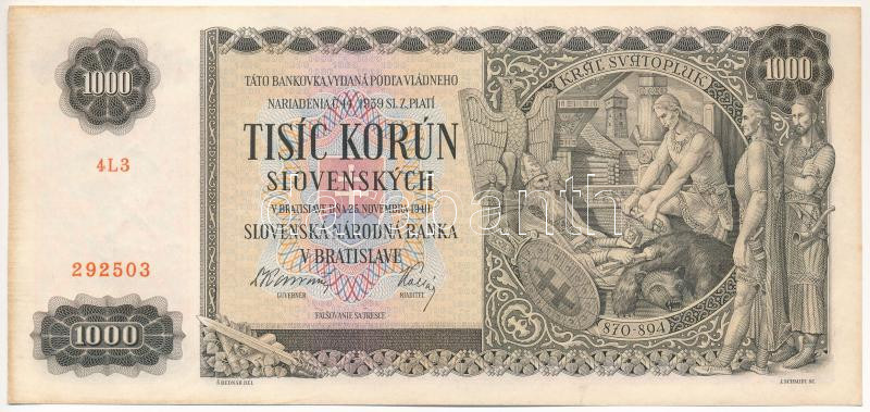 Szlovákia 1940. 1000K T:II halvány hajtás, fo. Slovakia 1940. 1000 Korun C:XF slightly folded, spotted Krause P#13
