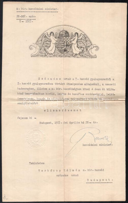 1923 Bp., Belitska Sándor (1872-1939) altábornagy, honvédelmi miniszter elismerő oklevele Verbőczy Kálmán (1888-1967) honvéd százados részére, ,,a nemzeti hadseregben, illetve a m. kir. honvédségben közel 4 éven át különböző