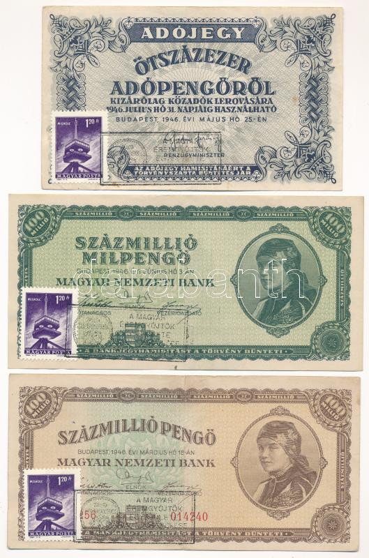 1946. 100.000.000P + 100.000.000MP + 500.000AP mind 'MAGYAR ÉREMGYŰJTŐK EGYESÜLETE V. VÁNDORGYŰLÉSE' bélyegzéssel és bélyeggel T:II-,III Adamo FO20.2.9, FO20.2.15., FO20.2.18.