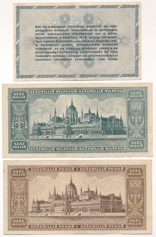 1946. 100.000.000P + 100.000.000MP + 500.000AP mind 'MAGYAR ÉREMGYŰJTŐK EGYESÜLETE V. VÁNDORGYŰLÉSE' bélyegzéssel és bélyeggel T:II-,III Adamo FO20.2.9, FO20.2.15., FO20.2.18. - Image 2