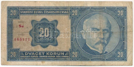 Csehszlovákia 1926. 20K 'Se 165111' T:III- Czechoslovakia 1926. 20 Korun 'Se 165111' C:VG Krause P#21