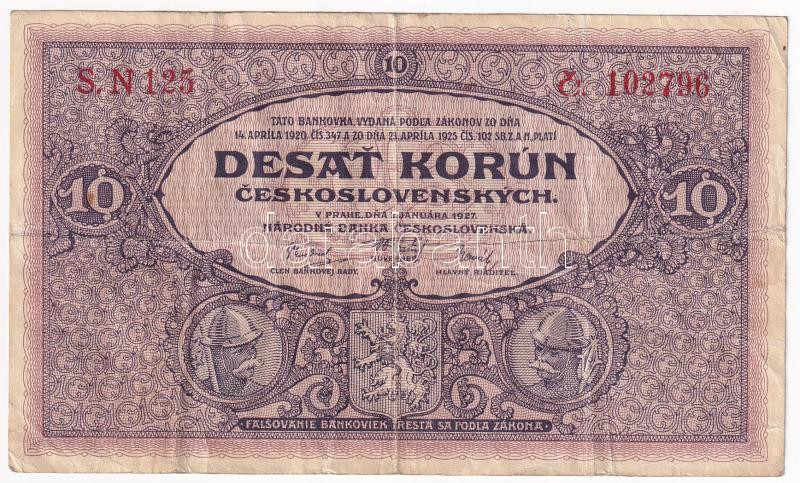 Csehszlovákia 1927. 10K 'N 125 102796' T:III Czechoslovakia 1927. 10 Korun 'N 125 102796' C:F Krause P#20