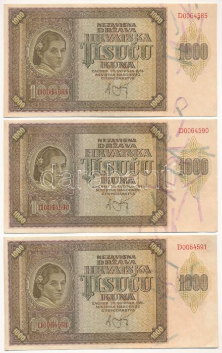 Horvátország / Független Horvát Állam 1941. 1000K (3db) sorszámkövetők és közeli sorszám 'D0064585, D0064590, D0064591' T:I-,II egyiken nyomdai papírránc Croatia / Independent State of Croatia 1941. 1000 Kuna (3pcs) consecutive