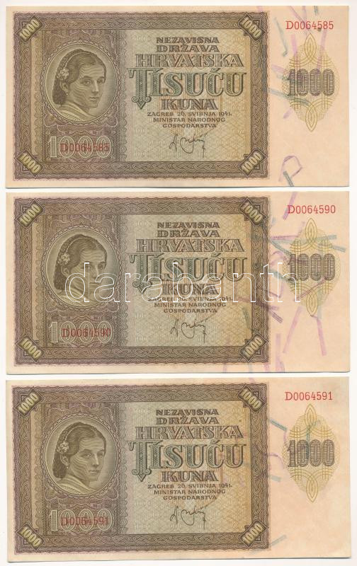 Horvátország / Független Horvát Állam 1941. 1000K (3db) sorszámkövetők és közeli sorszám 'D0064585, D0064590, D0064591' T:I-,II egyiken nyomdai papírránc Croatia / Independent State of Croatia 1941. 1000 Kuna (3pcs) consecutive