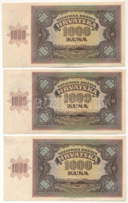 Horvátország / Független Horvát Állam 1941. 1000K (3db) sorszámkövetők és közeli sorszám 'D0064585, D0064590, D0064591' T:I-,II egyiken nyomdai papírránc Croatia / Independent State of Croatia 1941. 1000 Kuna (3pcs) consecutive - Image 2