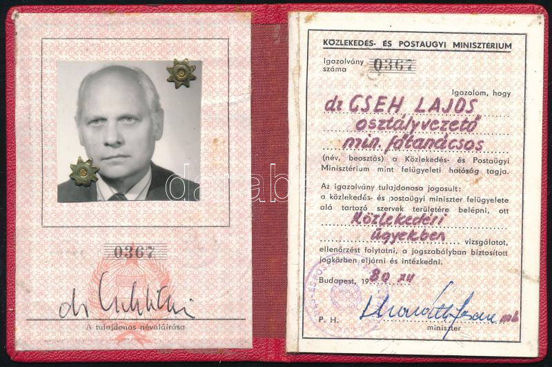 1980s Közlekedési és Postaügyi Minisztérium felügyeleti igazolványa