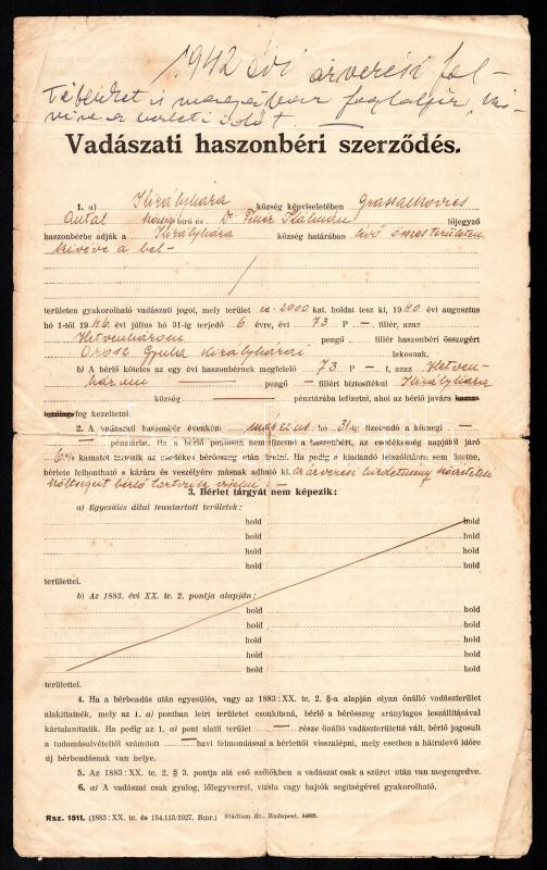 1940 Kárpátalja Királyháza a község vadászati haszonbéri szerződés
