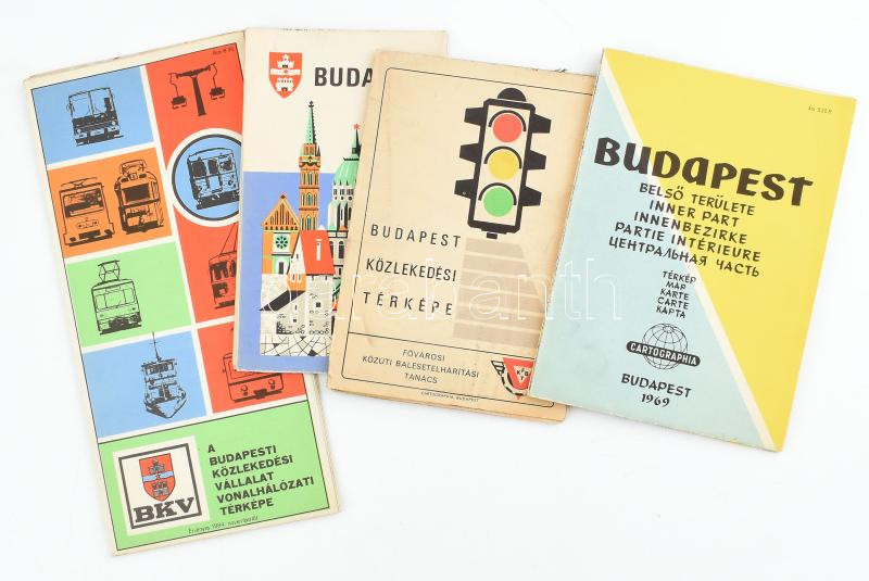 cca 1960-1985 4 db Budapest térkép (belső terület, közlekedési, BKV vonalhálózati térképe), vegyes méretben és állapotban