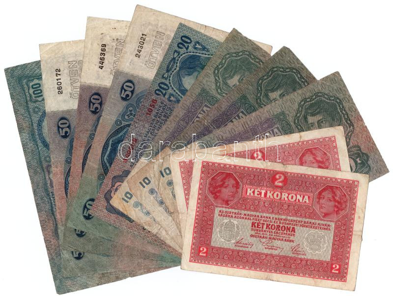 1912. 100K + 1913. 20K + 1914. 50K (3db) + 1915. 10K (3db) + 1917. 2K (2db) mind 'DEUTSCHÖSTERREICH' felülbélyegzéssel T:III,III-
