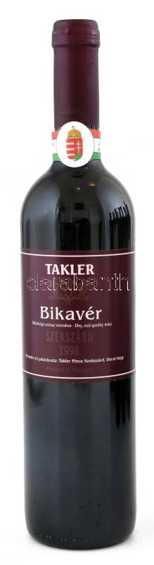 1998 Takler Szekszárdi Bikavér. Pincében, szakszerűen tárolt, bontatlan palack száraz vörösbor, 12,5%, 0,75 l.