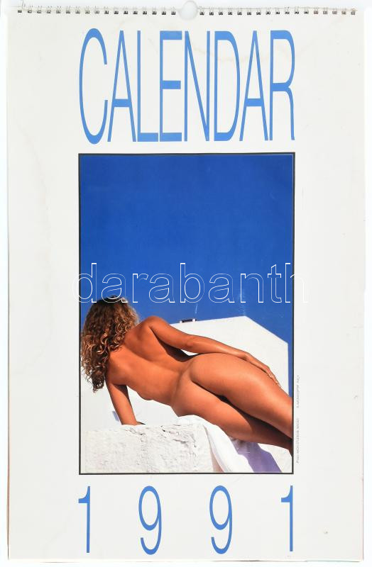 1991 Erotikus, akt falinaptár, ázásnyomokkal, 50x32 cm / Erotic nude calendar