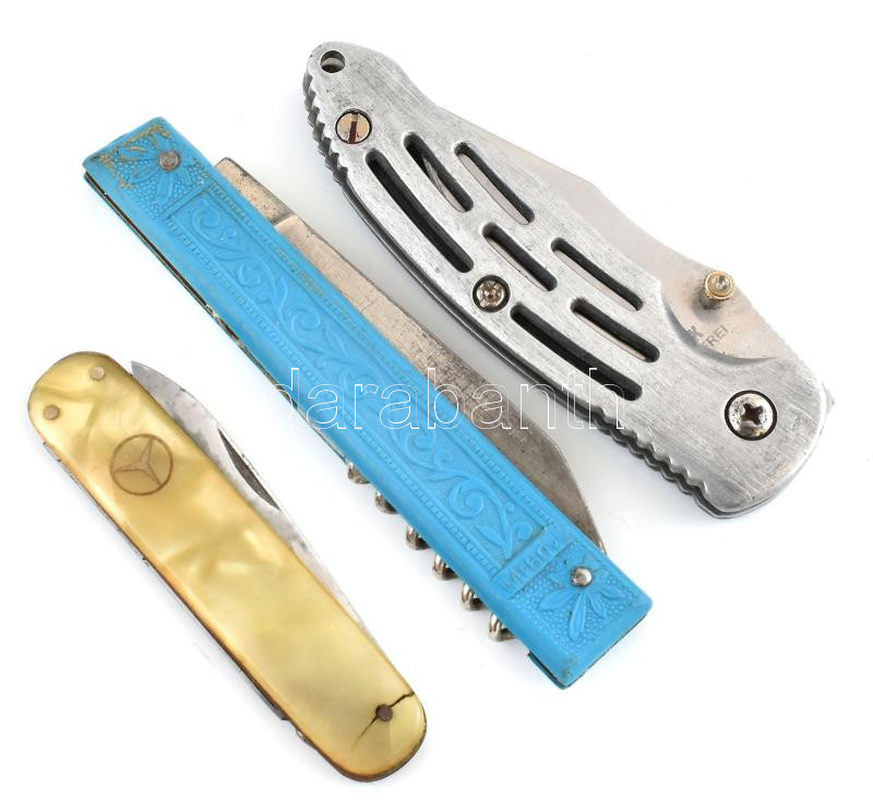 3 db zsebkés. Kék szovjet dugóhúzóval, Mercedes (javítandó), Fox