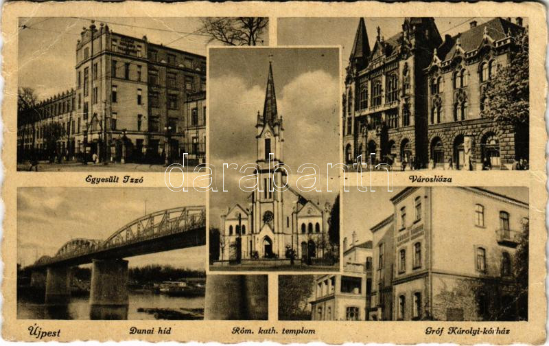 1942 Budapest IV. Újpest, Dunai híd, Egyesült Izzó, Városháza, Római katolikus templom, Gróf Károlyi kórház (EB)