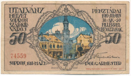 Sopron 1918. május 1. 50f utalvány T:III- Adamo kat.-ban nem szerepel