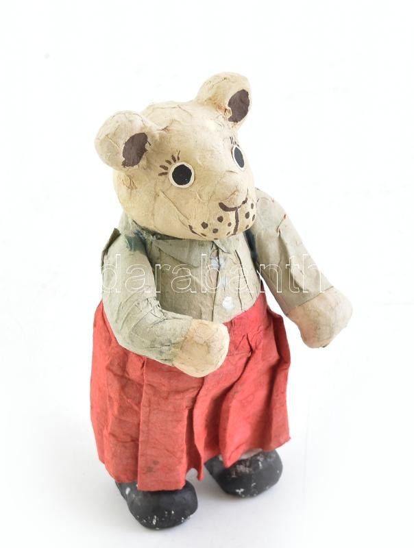 Régi papírmasé mackó figura, m: 15,5 cm