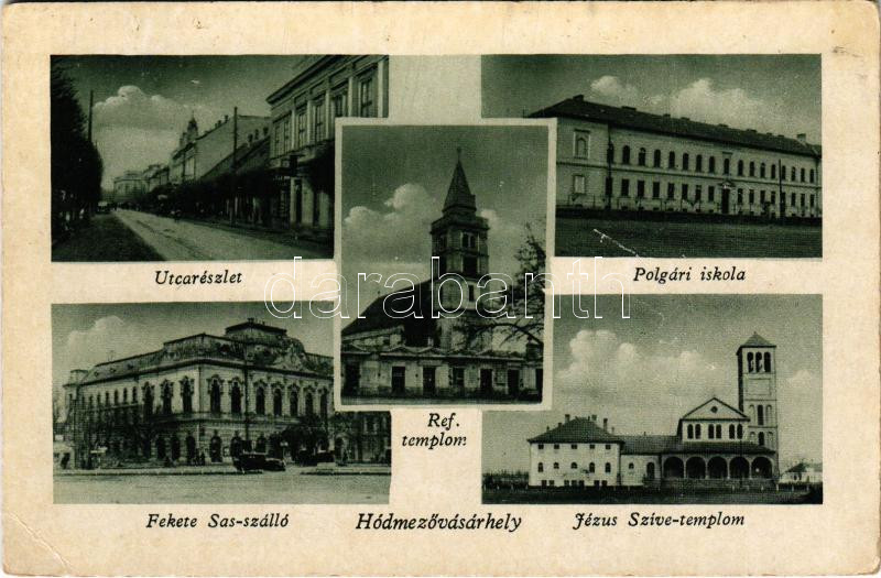 Hódmezővásárhely, utca, Református és Jézus Szíve templom, polgári iskola, Fekete Sas szálloda (EK)