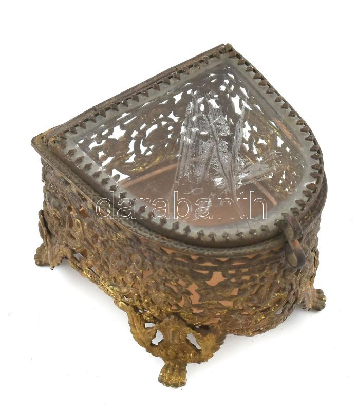 Fém ékszertartó dobozka, kopott, m: 4,5 cm