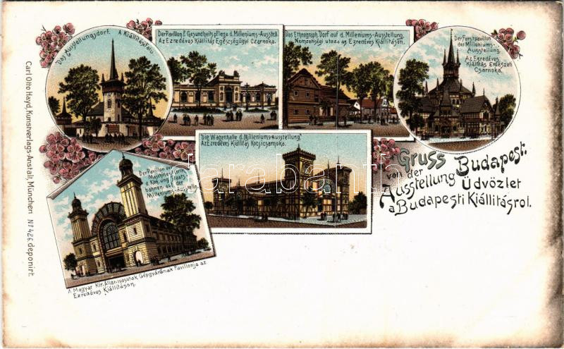 Budapest XIV. Az Ezredéves Kiállítás kocsicsarnoka, Kiállítási falu, Egészségügyi csarnok, Nemzetiségi utca, Erdészeti csarnok, Magyar Kir. Államvasutak (MÁV) Gépgyárának pavilonja. Carl Otto Hayd Kunstverlags-Anstalt No. 426. Art