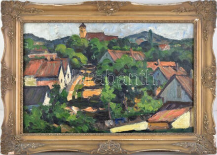 Záhonyi Géza (1889 - ?): Falurészlet (falu lombok között), 1938. Olaj, fa, jelzett, hátoldalán Nemzeti Szalon Őszi tárlat raglapjával. Dekoratív, sérült fakeretben, 50×33 cm