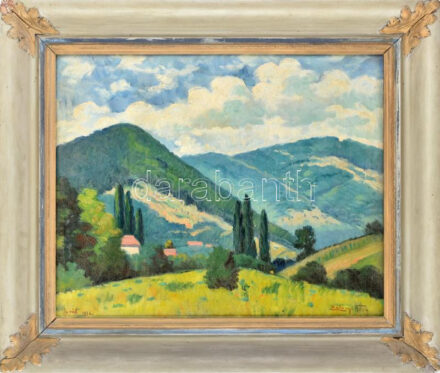 Záhonyi Géza (1889-?): Parád környéki táj, 1952. Olaj, vászon, jelzett, dekoratív fakeretben, keret hátoldalán kiállítási raglap töredékekkel, 55×68,5 cm