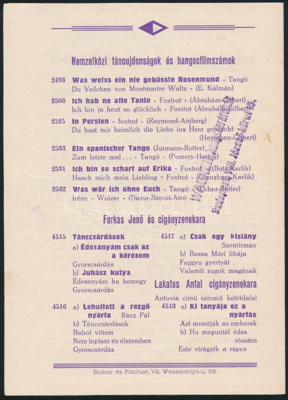 cca 1930-1940 Orchestrola hanglemez árjegyzék a Wagner hangszeráruház pecsétjével - Image 2