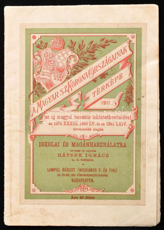 1911 A Magyar Szent Korona Országainak térképe, tervezte: Hatsek Ignác, szakadással, 40×55 cm - Image 2