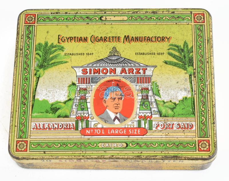 Simon Arzt Egyptian Cigarette Manufactory fém doboz, kopásnyomokkal, 8,5×10,5×1,5 cm