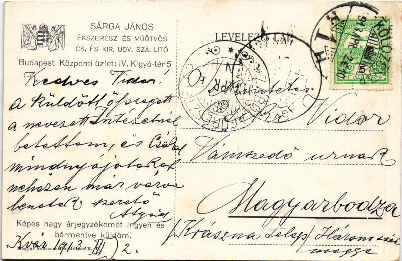 1913 Budapest V. Sárga János ékszerész és műötvös cs. és kir. udv. szállító központi üzlete reklámlapja, belső. Kígyó tér 5. (EK) - Image 2