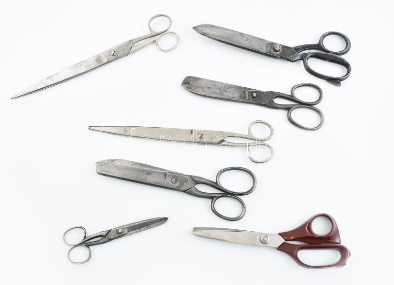 6 db különféle régi szabóolló + cikkcakk olló, jelzettek, h: 14-24 cm