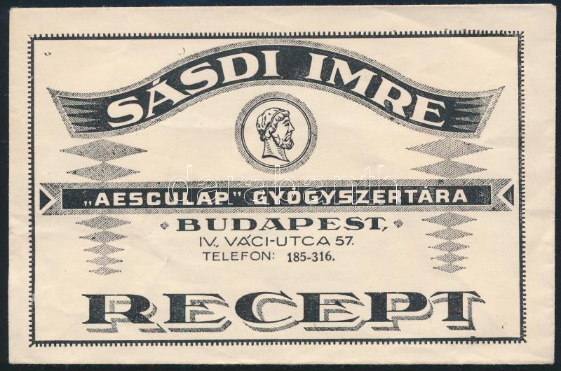 Sásdi Imre 'Aesculap' Gyógyszertára Budapest receptboríték