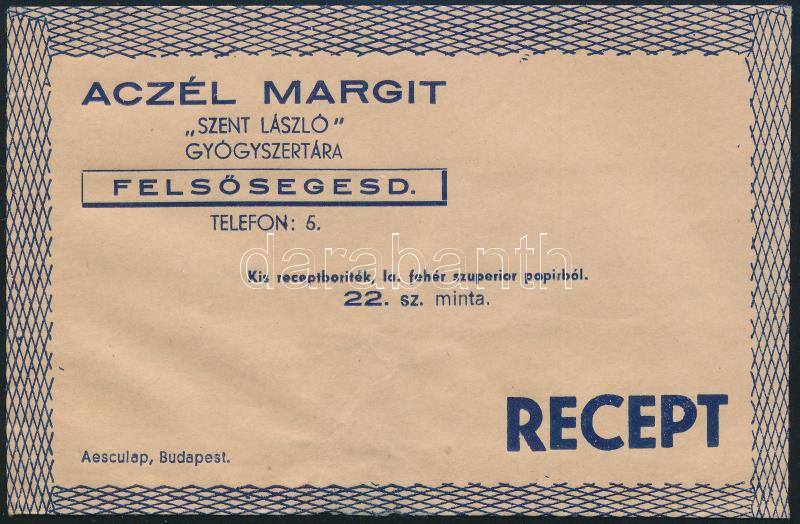 Aczél Margit 'Szent László' gyógyszertára, Felsősegesd, receptboríték