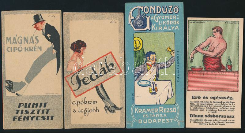 4 db számolócédula (Mágnás cipőkrém, Fedák cipőkrém, Gondűző gyomorlikőr, Diana sósborszesz)