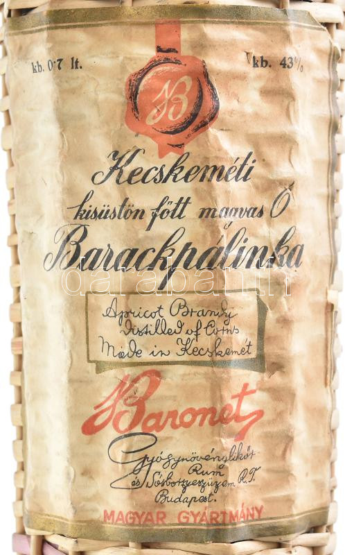 Baronet Kecskeméti Barackpálinka üveg rattan borítással, 1930-1940 körül, m: 33 cm - Image 2