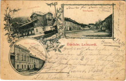 1901 Leibic, Leibicz, Leibitz, Lubica; Híd utca, Kénfürdő télen, Sas szálloda. Fábry Gusztáv kiadása / Brückgasse, Schwefelbad, Hotel Adler / street view, hotel, sulfur spa, bath in winter. Art Nouveau, floral (fl)