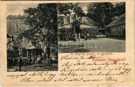 1901 Várgede, Várgedefürdő, Kúpele Hodejov, Hodejov; Gyógy- és gőzfürdő, Csevicze kút, vonat a háttérben. Kohn Albert kiadása / spa, steam bath, well, spring source, train in the background + 'MISKOLCZ - FÜLEK 41. SZ.' vasúti