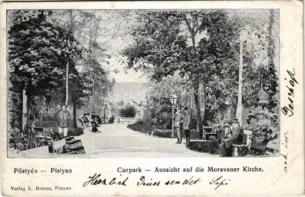 1906 Pöstyén, Pistyan, Piestany; Curpark, Aussicht auf die Moravaner Kirche / Gyógypark, templom. A. Bernas kiadása / spa, park, church + 'POZSONY - ZSOLNA 48. SZ.' vasúti mozgóposta bélyegző (EK)