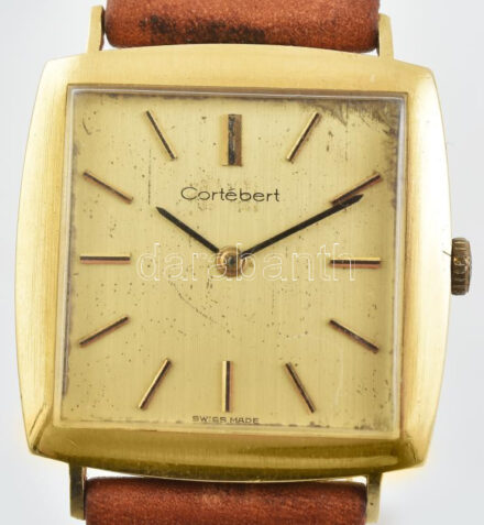 Cortebert 18 K arany karóra, kis korrodáció a számlapon, kézi felhúzós, bőr szíjjal 28x29 mm
