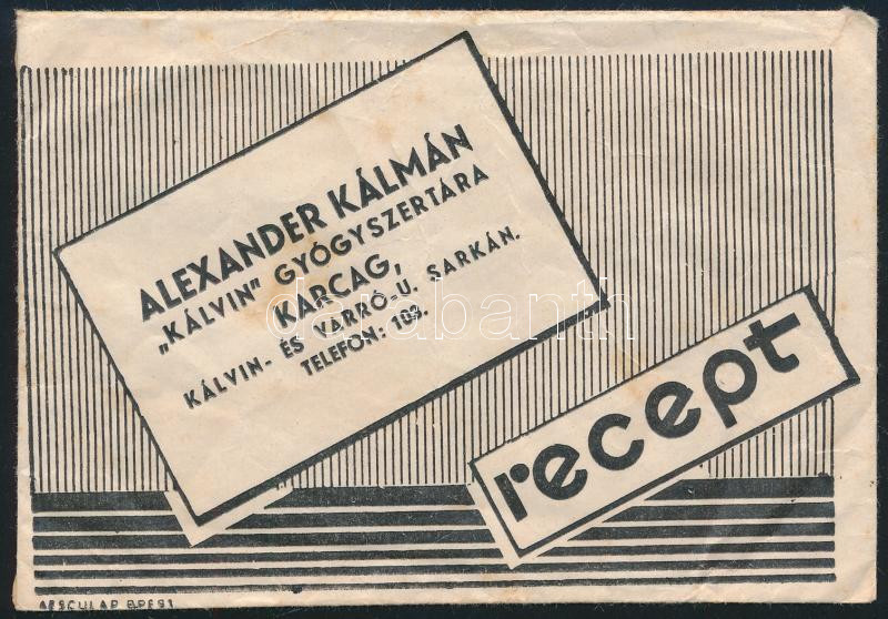 Alexander Kálmán 'Kálvin' Gyógyszertára Karcag receptboríték