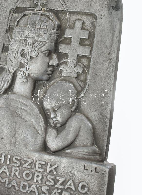 cca 1925 'Hiszek Magyarország feltámadásában' ón irredenta kisplasztika, L. L. jelzéssel, alabástrom talapzaton, m: 13 cm - Image 2