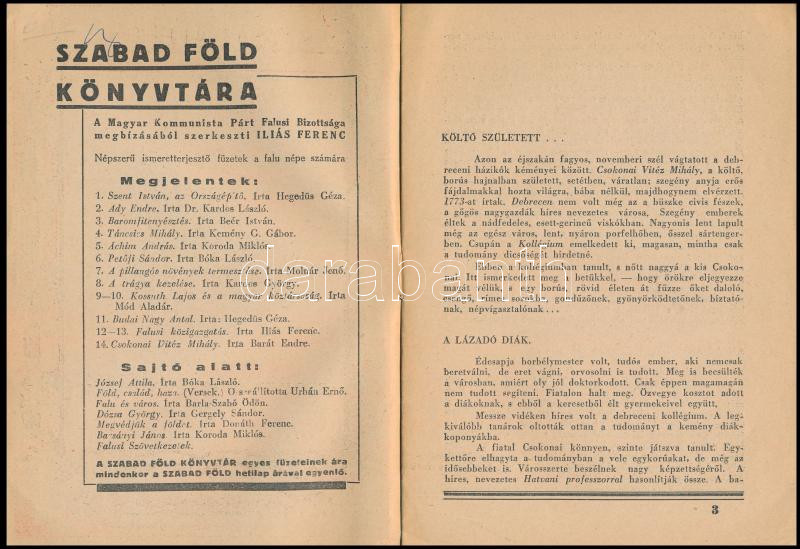 Barát Endre: Csokonai Vitéz Mihály. Szabad Föld Könyvtára 14. füzet. Bp., 1946, Szikra, 16 p. Kiadói tűzött papírkötés, jó állapotban. - Image 2