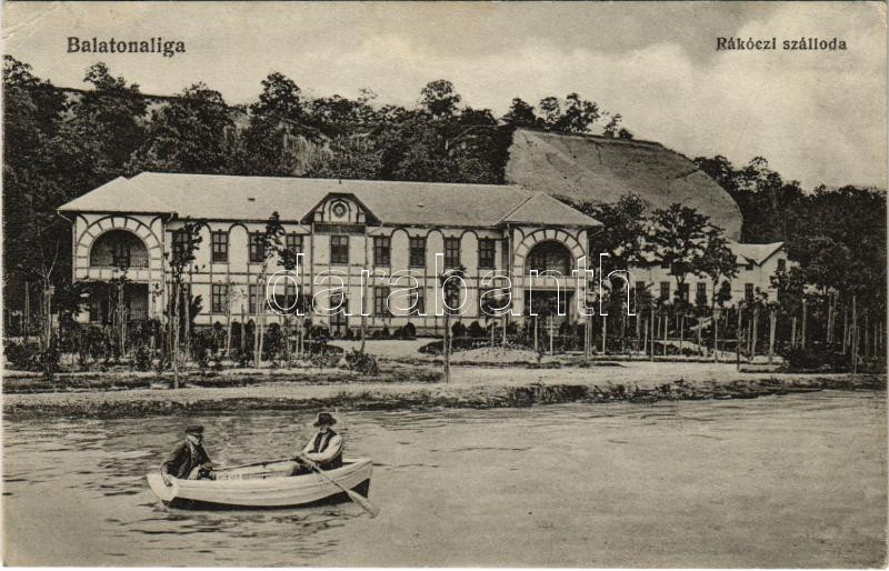 Balatonaliga (Balatonvilágos), Rákóczi szálloda, csónak. Novák Jenő kiadása (Rb)