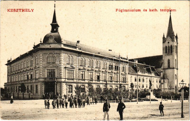 Keszthely, Főgimnázium és katolikus templom. Mérei Ignác kiadása (fl)