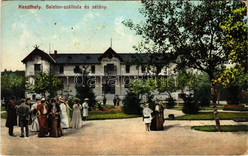 1911 Keszthely, Balaton szálloda és sétány. Mérei Ignác kiadása (EK)