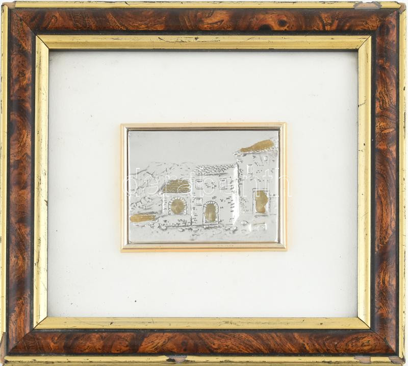 Ezüst (Ag) borítású miniatúra, jelzett, sérült kopott, üvegezett keretben. 7,5x9cm